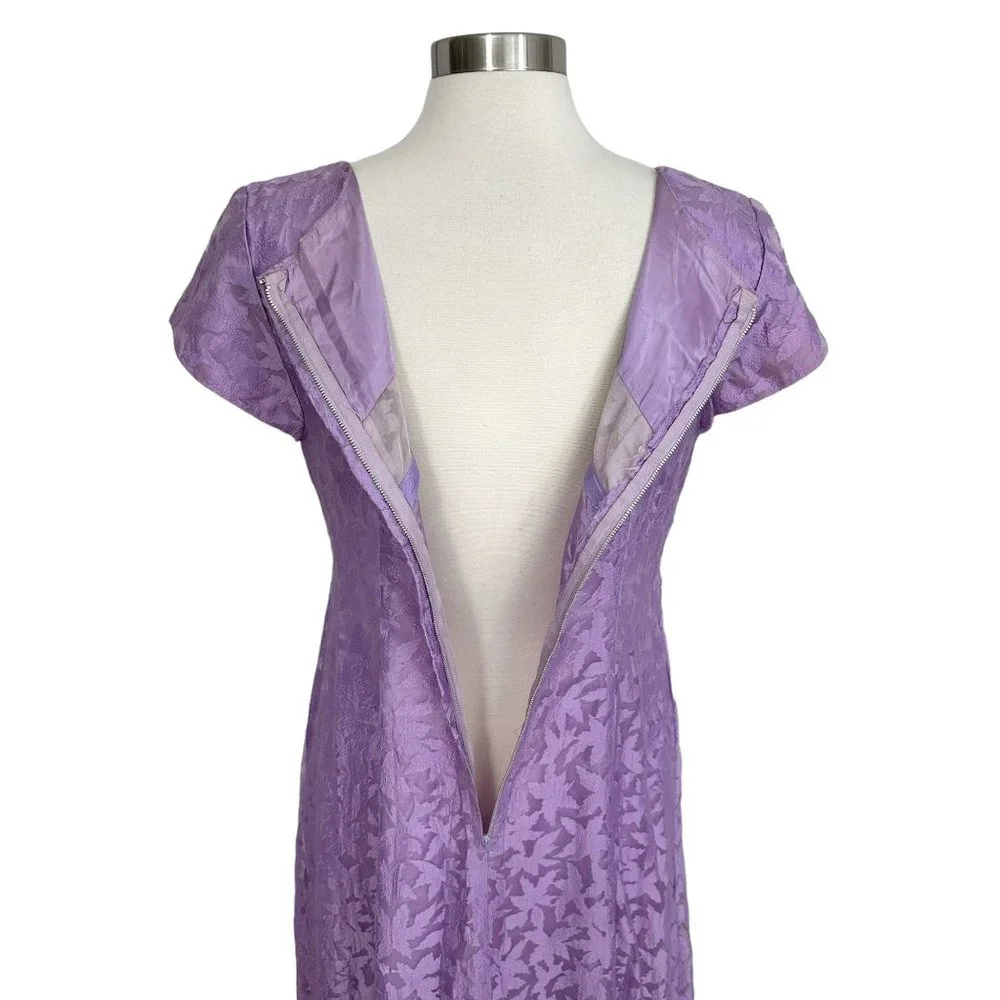 Vtg 1970s Large Lilac Purple Sheer Floral Chiffon Modest Short Sleeve Prom Dress - Picture 7 of 15